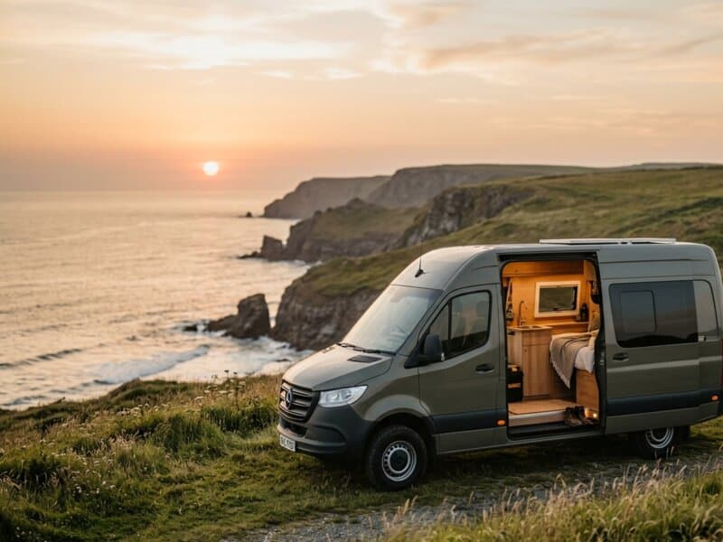 A grey high-roof campervan parked on a clifftop at sunset with its side door open