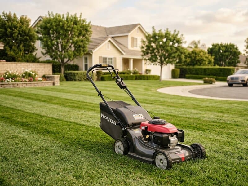 A lawn mower parked on a freshly striped suburban lawn