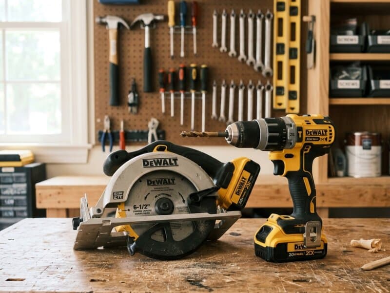 A cordless drill and circular saw on a workbench