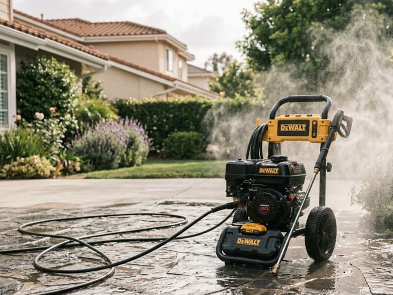 A pressure washer on a wet stone driveway with mist catching the light